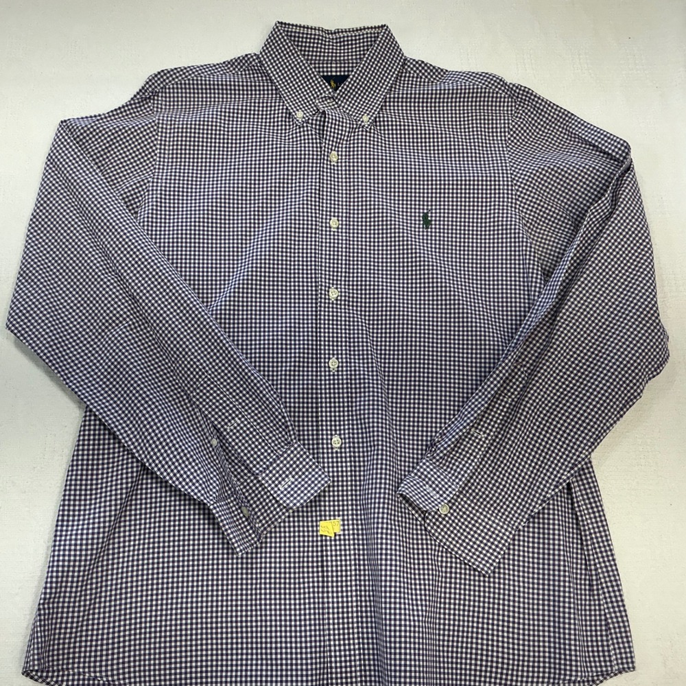 Ralph Lauren Mens Gingham Button Down Shirt Purple White Long Sleeve Large